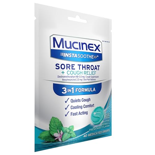 MUCINEX INSTASOOTHE SORE THROAT + COUGH RELIEF ALPINE HERBS & MINT FLAVOR, FAST ACTING, COOLING COMFORT, POWERFUL SORE THROAT ORAL PAIN RELIEVER, 40 MEDICATED DROPS