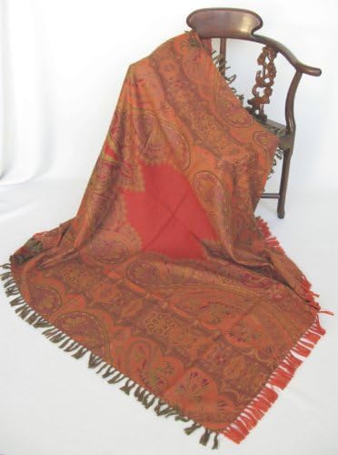 Luxurious Merino Wool "Desiree" Paisley Wool Throw Shawl Tablecloth 58" Square Red Orange Reversible