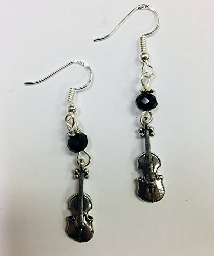 Violin or Violinist Musician Earrings with jet crystal faceted accent beads, on sterling silver earwires