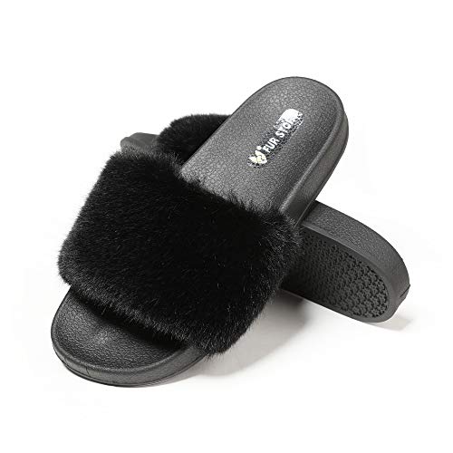 Fur Story Women's Faux Fur Slides for Outdoor Furry Leopard Print Fur Slipper Black - Thumbnail 7