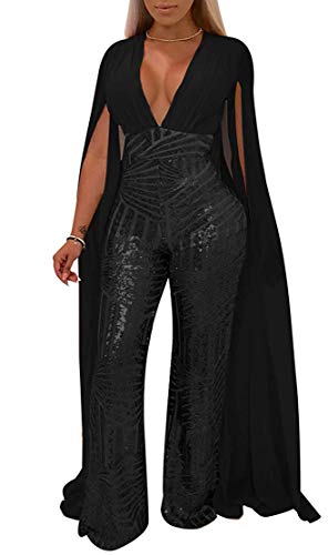 Chicmay Women Sexy Deep V Neck Angel Wings Sequin Glitter Evening Party Playsuit Black