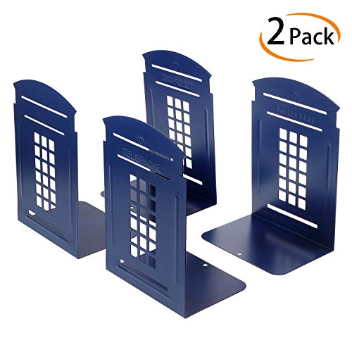 Bookends, Telephone Booth Metal Book Ends Non Skid Heavy Duty for Shelves, Books, DVD, Video 7.8 x 5.5 x 3.9 inch Blue (2 Pair/ 4 Pieces)