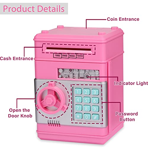 Honeystar Electronic Piggy Banks for Boys, Real Money Savings Box Toys for Children ATM Cash Coin Bank for Child Best Birthday Gifts for Kid 8-12 Year Old (A-Pink)