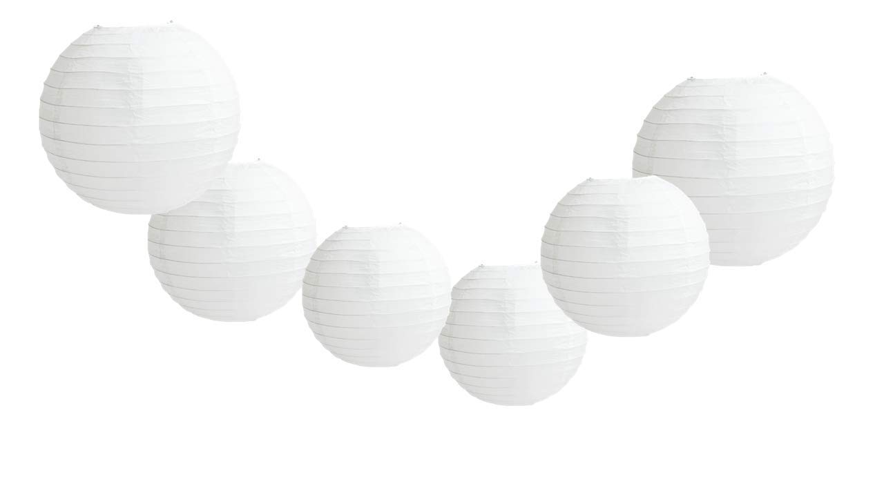 6 PCS Paper Lanterns, Round White Paper Lantern with Wire Ribbing, Different Sized White Lampshades, 4" 6" 8"Paper Lampshades for Weddings, Parties, Celebrations, Patios and Rooms