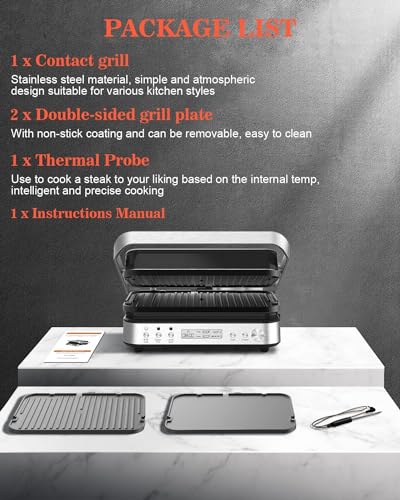 Dxmocos 5 in 1 Indoor Grill, Electric Contact Grill and Griddle, Panini Press Grill Sandwich Maker with Meat Thermometer, LCD Display, Stainless Steel, Healthy Ceramic Nonstick, 2000W