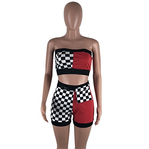image for Remelon Women Sexy Plaid Print Tube Crop Top Belt Shorts Set 2 Piece O