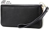 Iswee Women's Leather Wallet Clutch Purse Zipper Cash Holder Cards Organizer with Removable Wristlet Strap (Black)