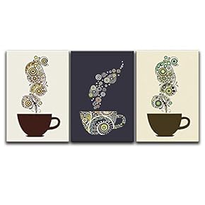 3 Panel Canvas Wall Art - Coffee Cups with Abstract Floral Patterns - Giclee Print Gallery Wrap Modern Home Art Ready to Hang - 16"x24" x 3 Panels