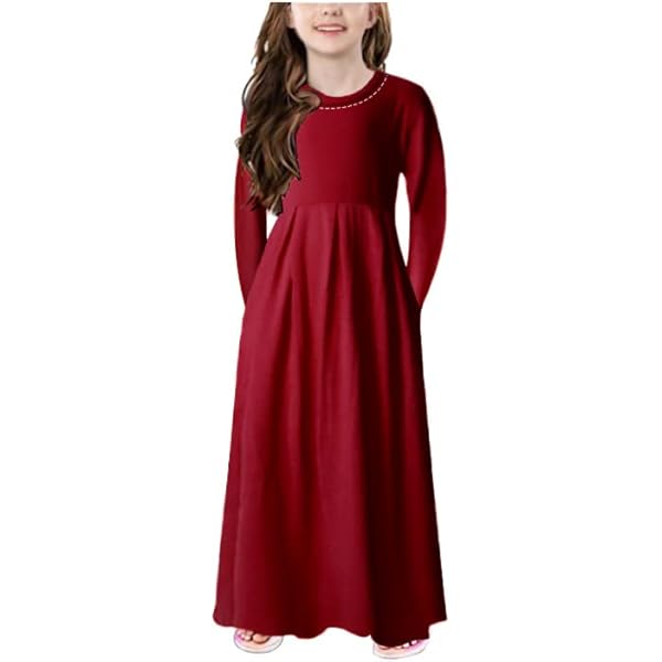 Amazon.com: Girls Christmas Dress Burgundy Long Sleeve Maxi Solid Color  Thanksgiving Day Holiday Cotton Kids Dresses 6-7 Year Old: Clothing, Shoes  & Jewelry