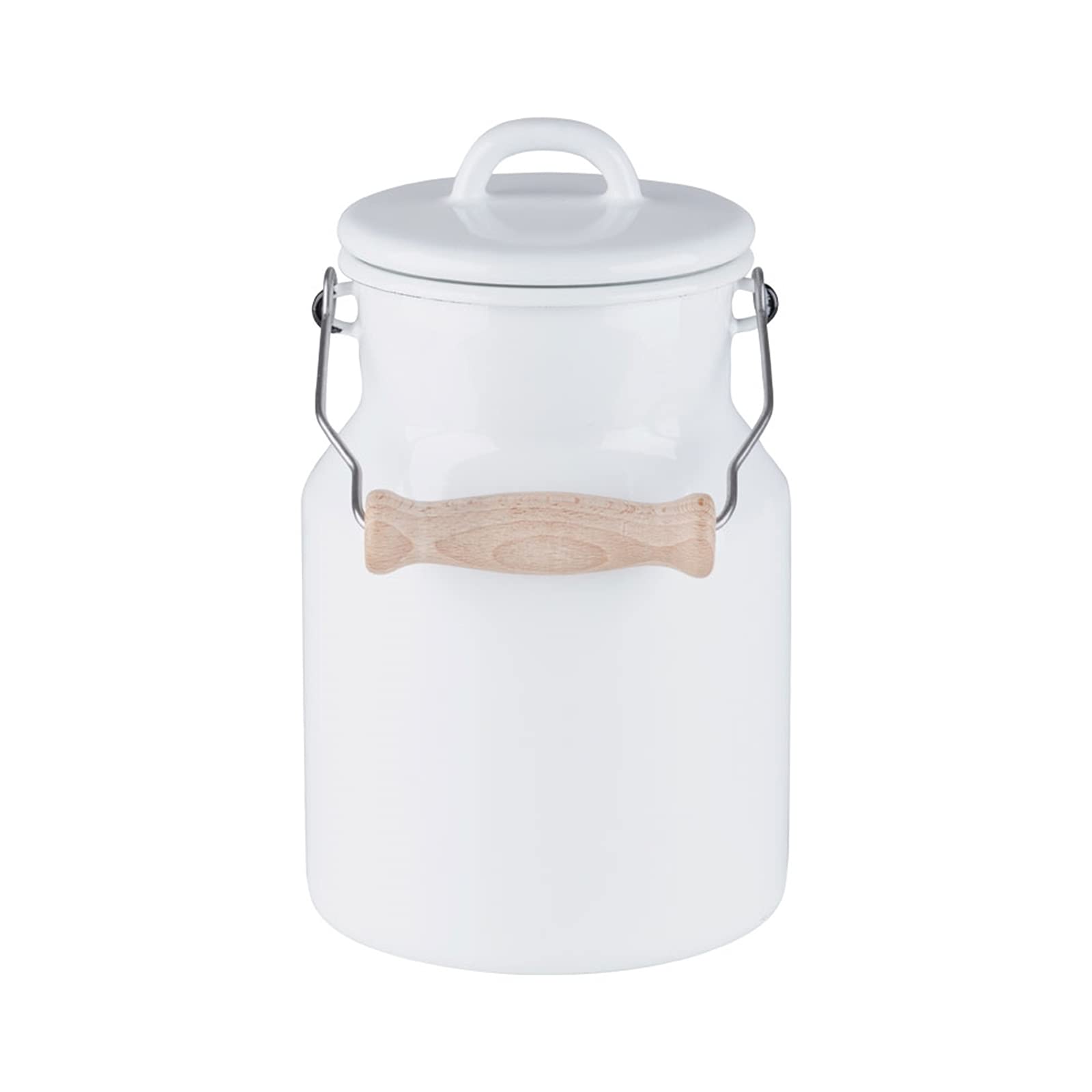 Riess, 0457-033 Grandma's Milk Jug 1.5 Litres Classic White Height 19.2 cm Diameter 13 cm with Enamel Lid and Wooden Handle White