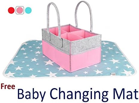 EZbee Diaper Caddy Organizer | Sturdy & Strong Portable Baby Storage Bag - Perfect Size, Multi-Functional Car Organizer, Now FREE Baby Changing Mat (Pink & Grey)