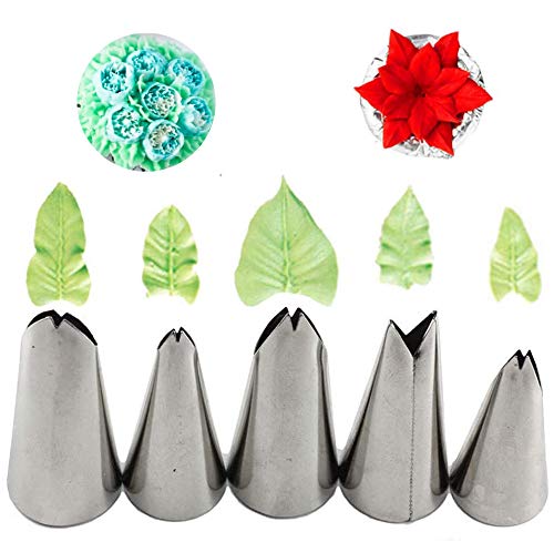 Leaf Shape Russian Piping Tips Set, Xfaiz 5PCS Stainless Steel Cake Cupcake Decorating Supplies Kit Flower Frosting Tips DIY Icing Piping Tips for Cake Decorating