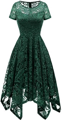 Bridesmay Women's Elegant Short Flare Sleeves Floral Lace Asymmetrical Hanky Hem Cocktail Party Bridesmaid Dress