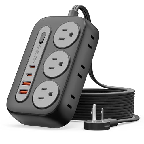 ORICO Regleta Multicontacto Supresor de Picos y PD20W, 3M Extension Electrica con 6 Salidas CA y 4 USB (2 USB-C), Conector Múltiple con Enchufe Plano, Pared y Escritorio para Hogar/Oficina - OG