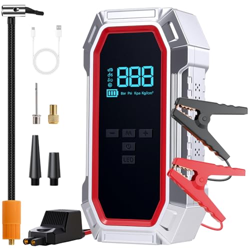 5000A Arrancador de Coche con Compresor de Aire 160 PSI, Inflador de Neumáticos, Banco de Energía para Vehículos de 12V Gasolina 9L Diésel 8L, Incluye Pantalla LCD, Luz LED y Cables de Puente, plata