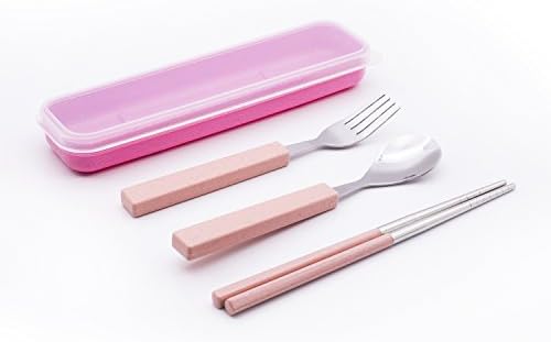 Portable Reusable Flatware Set, Camping Cutlery Set with Waterproof Travel Case 3 PCS 304 Stainless Steel Chopsticks Fork Spoon for Outdoor Picnic Hiking, Heat Resistant Handle Flatware Set Safe