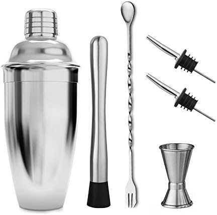 Cocktail Shaker Set Accessories,STONEKAE,Stainless Steel Cocktail Shaker with Strianer, Jigger,Muddler, Mixing Spoon,2 Pourers, Professional Kit Gift
