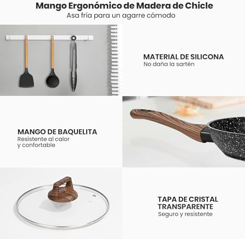 Juego de 10 Ollas y Sartenes Antiadherentes, Batería de Cocina, Juego de Utensilios de Granito, Apto para Todas las Estufas, con Sartenes y Cacerolas
