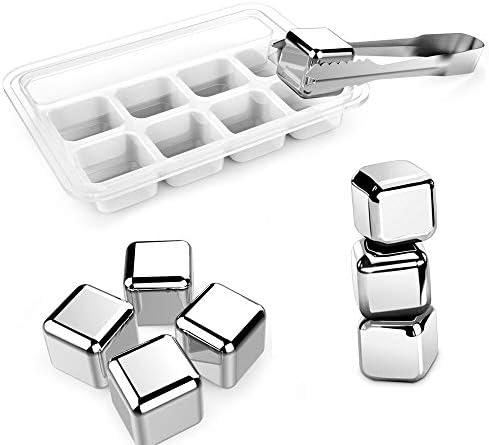 Stainless Steel Ice Cubes (Pack of 8),Whiskey Stones, iMOMO Reusable Chilling Stones with Tongs for Whiskey Wine, Vodka, Liqueurs, White Wine, Beer, stainless steel ice cubes FDA approved (Set of 8)