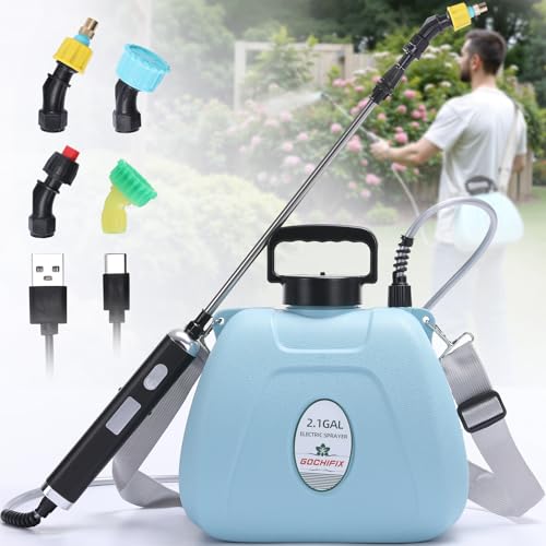 GOCHIFIX Electric Garden Sprayer 2.1 Gallon, 4 Mist Nozzles, Telescopic Wand, Adjustable Shoulder Strap, USB Rechargeable Waterproof Handle, Automatic Plant Mister for Lawn Garden at Amazon