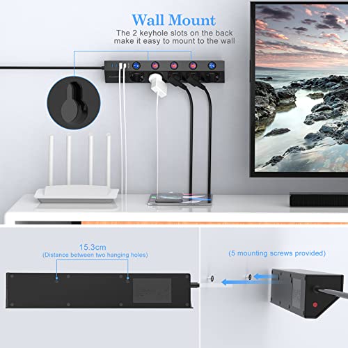 Power Strip, Individually Switchable, 5-Way Power Strip, Wall Mounted with 1 USB-C Quick Charger (PD 20 W) and 3 USB Power Strips, Multiple Socket with Surge Protection (3680 W/16 A), 2 m Cable