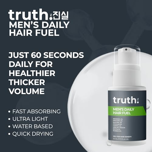 truth 진실 Men's Daily Hair Fuel 30ml 40% ACTIVES DHT BLOCKING DENSITY SERUM. RU58841 5% + REDENSYL 5% + PROCAPIL 5% + BAICAPIL 5% + ANAGAIN 5% + CAPIXYL 5% + AZELAIC ACID 3% + BIOTIN 2% + VITAMIN B5 2%