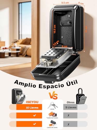 ISEYOU Caja Fuerte para Llaves con Código, 12 Teclas, Caja de Seguridad para Llaves Exterior de Pared, Caja Metálica Resistente a la Intemperie, Negra