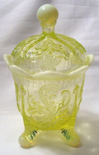 Vaseline Opalescent Glass Fan and Feather Sugar Candy Dish