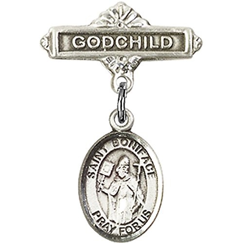 Sterling Silver Baby Badge with St. Boniface Charm and Godchild Badge Pin 1 X 5/8 inches