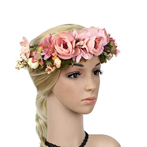 Meiliy Women Flower Headband Wreath Crown Floral Wedding Garland with Adjustable Ribbon