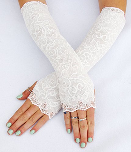 Ivory White Wedding long lace fingerless gloves brides
