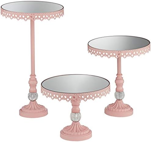 Dahlia Studios Cotton Candy Pink Cake Cupcake Stands Mirrored Set of 3 with Crystal Accent for Wedding Birthday Kitchen Serveware