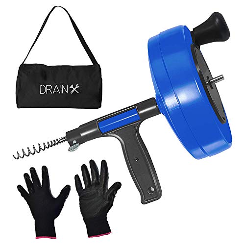 DrainX Power Pro 35-FT Steel Drum Auger Plumbing Snake with Drill Adapter | Heavy Duty Drain Snake Cable with Work Gloves and Storage Bag- Blue. - Thumbnail 3