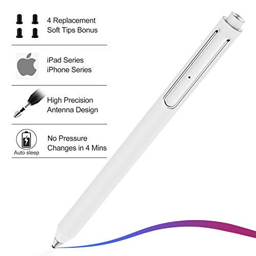 Stylus Pen for iPad, XIRON Active Capacitive Rechargeable iPad Pencil Stylus Digital Pen iPens with 4pcs 2mm Replaceable Fine Point Rubber Tips for All Apple iPad/iPad Pro/iPhone (iPens X1) (White)