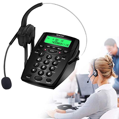 Wikoo Call Center Dialpad,Black Corded Dialpad with Mute Function with Caller ID Receiver and Monaural Headset Noise Canceling Microphone for Home & Business(R6)