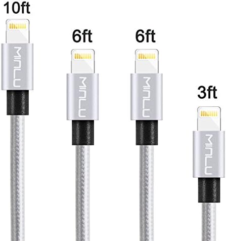 iPhone Cable MINLU,4Pack 3FT 6FT 6FT 10FT Nylon Braided Cord Lightning Cable Certified to USB Charging Charger for iPhone 7,7Plus,6s,6Plus,6,6Plus,SE,5s,5,iPad,iPod Nano 7 (Gray)