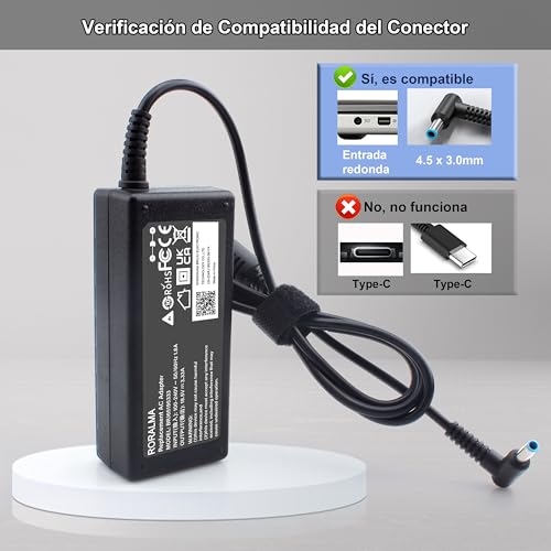 RORALMA 65W Cargador para HP EliteBook 840 850 845 830 820 G9 G8 G7 G6 G5 G4 G3, Adaptador ProBook 640 650 450 430 440 446 455 470 745 735 725 755