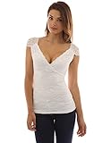 Pattyboutik Women's V Neck Lace Overlay Lined Top (White and Ivory L)