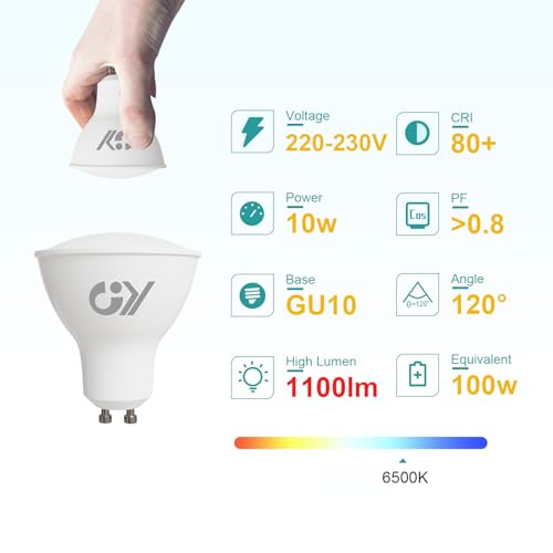 GY 12 x GU10 LED Bulbs, 10 Watt (100 Watt Equivalent), 1100 Lumens, 6500K Cool White, Can be used for Integrated Wide Flood Lighting, CE Listed, Non-Dimmable