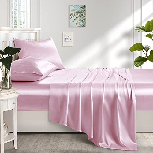 Lanest Housing Silk Satin Sheets, 4-Piece Queen Size Satin Bed Sheet ...