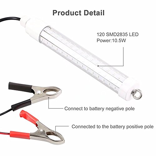 HonsCreat 12V 10W 180 LEDs 2000 Lumens LED Submersible Fishing Light Underwater Fish Finder Lamp with Battery Clip & 5m Cord
