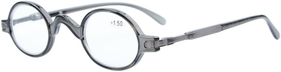 Eyekepper Small Oval Round Reading Glasses Vintage Mini Reader Eyeglasses for Men Women Reading with Spring Hinges Grey Frame +1.50