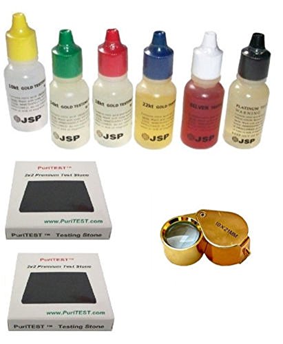PuriTest Brand Gold Silver Test Set 10 14 18 22 Karat Solutions +Stones (2) Jewelers-Loop