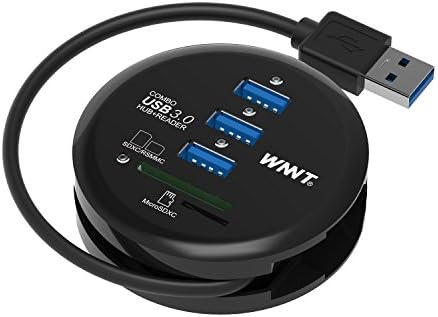 WNNT USB3.0 hub reader combo, ROUND WHEEL SHAPE ,with 3ports USB3.0 hub BC1.2 fast charging, 2slots SD/MicroSD reader, UV coating for anti-scratch, Glossy Black