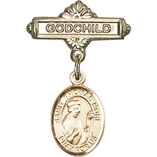 14kt Yellow Gold Baby Badge with St. Thomas More Charm and Godchild Badge Pin 1 X 5/8 inches