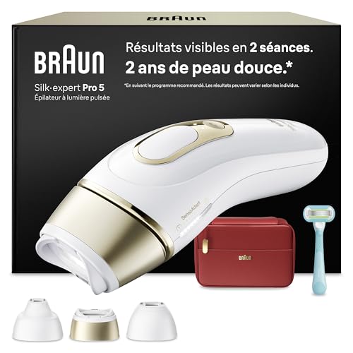 Braun Epilateur Lumiere Pulsee Silk·expert Pro 5 PL5262, Blanc et Or – Alternative au Laser à Domicile, Filaire, avec Pochette, Rasoir Gillette Venus, 3 Têtes