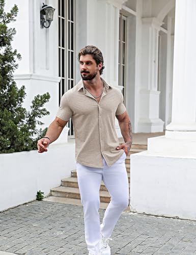 URRU SHORT SLEEVE BUTTON DOWN MUSCLE SHIRTS FOR MEN SUMMER WRINKLE FREE BUSINESS DRESS SHIRT SLIM FIT (KHAKI, X-LARGE)