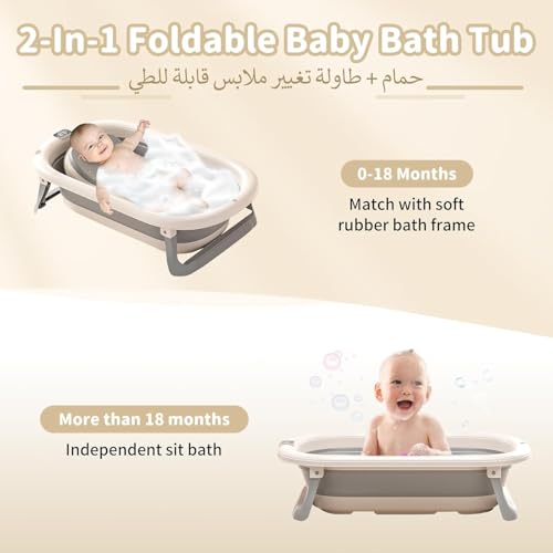 Foldable Baby Bath Tub with Seat, Portable Infant Bathtub, Drain Hole and Thermometer, Anti-Tip Legs, Non-Slip Shower Basin for 0-8 Years Boy Girl