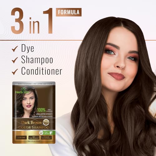 Herbishh Hair Color Shampoo For Gray Hair– Hair Dye Shampoo With Argan Hair Mask–Travel Size-Colors Hair In Minutes–Long Lasting Colour–10Pack+1Pack–Ammonia-Free (Dark Brown)