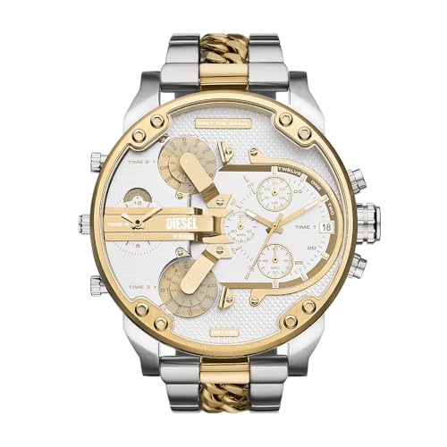 Mr. Daddy Reloj para Hombre, Movimiento multifunción de Cuarzo con Correa de Acero Inoxidable, 57 mm, Tono Plateado y Blanco Roto